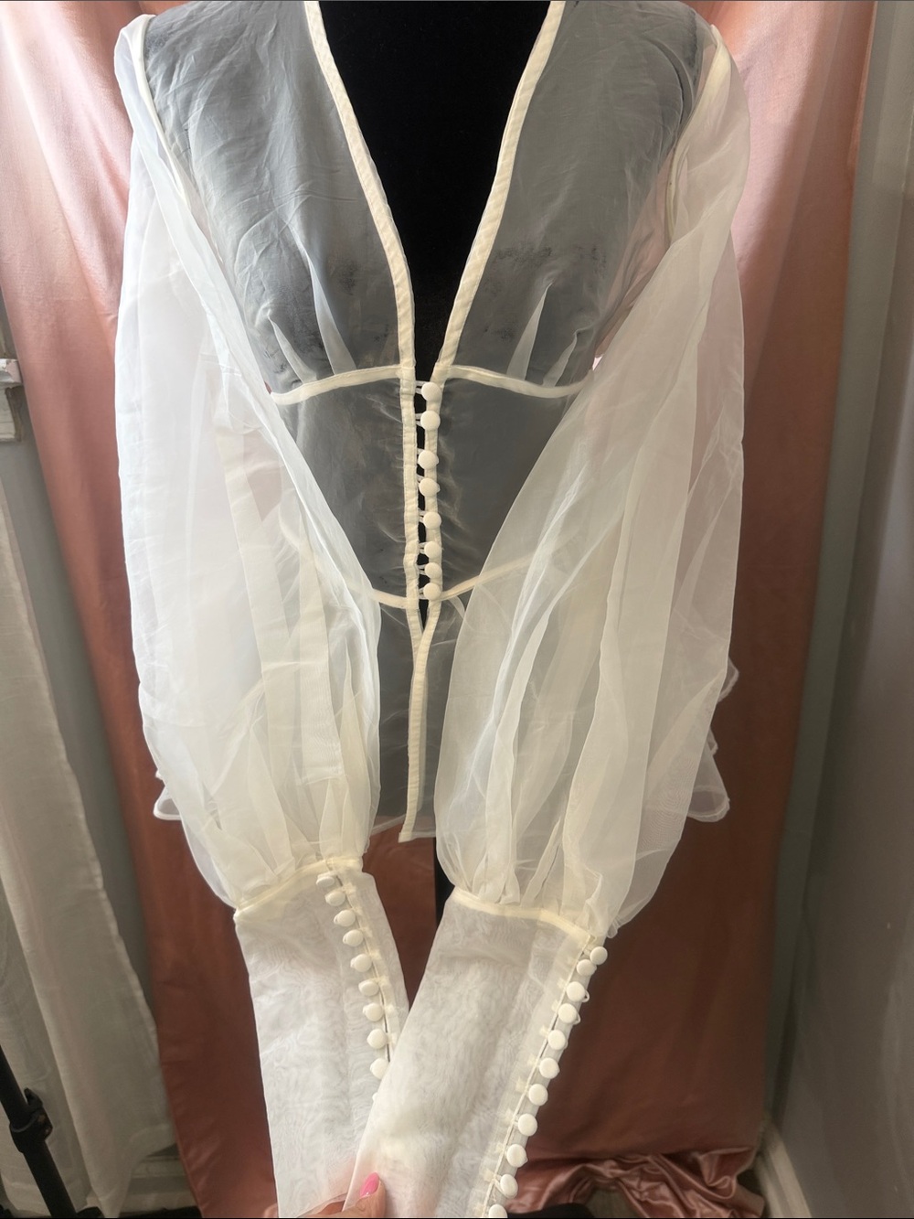 AKIRA Sheer White Organza Corset-Front Peplum Blouse - Picture 2 of 9